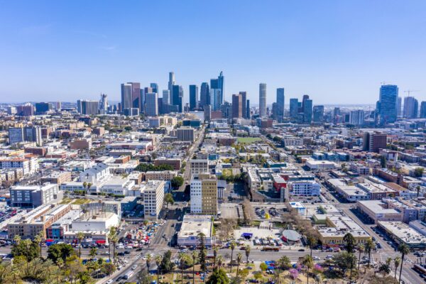 Downtown cityscape of Los Angeles California shows the congested business environment during a bright day.